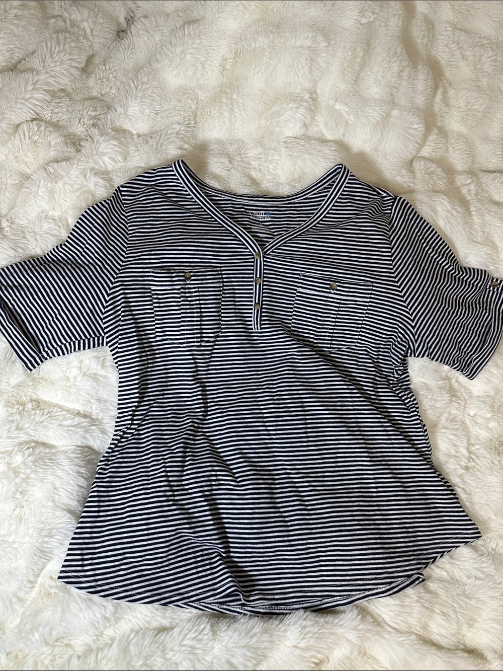 croft & barrow Navy and White Striped V-Neck Short Sleeve Tee